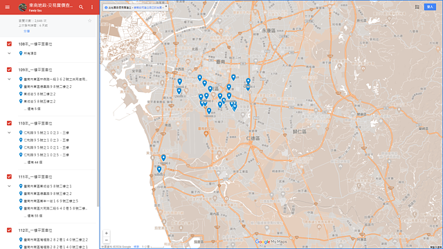 東南地所車位買賣案件成交價格與分布地圖。圖／台南東南地政事務所